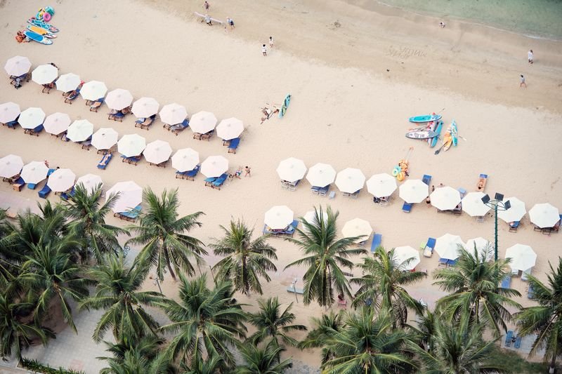 Rows of white parasols on the sand seen from high above